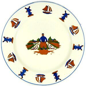 Schramberg Majolica Plate – Windmills & Sailboats, Hand Painted Germany 1920s